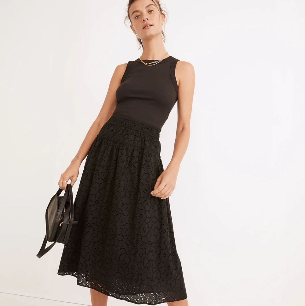 Madewell Black Eyelet A-Line Midi Skirt